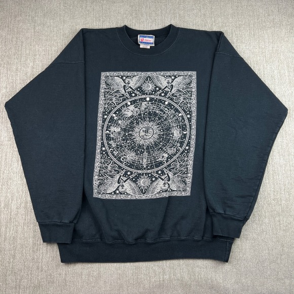 Vintage 90s Celestial Zodiac Print Crewneck Sweatshirt Black Large Heavyweight - Picture 1 of 8